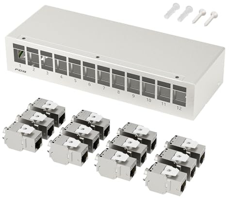 FGB 12 Port CAT7 Patchpanel mit 12x CAT.7 RJ45 Keystone Jack Modul | 10 Gbit/s, STP Patchpanel Verteilerfeld für Netzwerk LAN DSL, Kompatibel CAT6 CAT6a CAT7 CAT8 Verlegekabel Netzwerkkabel