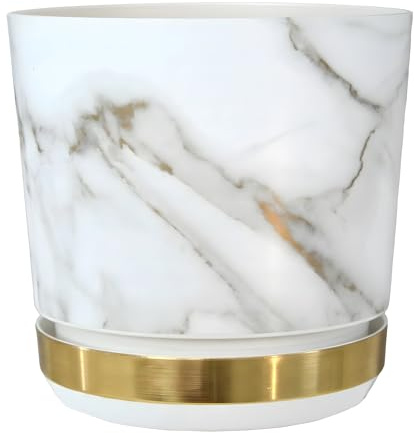 KORAD Marble Effect Matt Plastic Extra Large White Plant Pot + Saucer Tray for All Indoor House Plants - Flower Planter Available in 7 Sizes (Marble DUO, 32 cm - 12.6 inches)