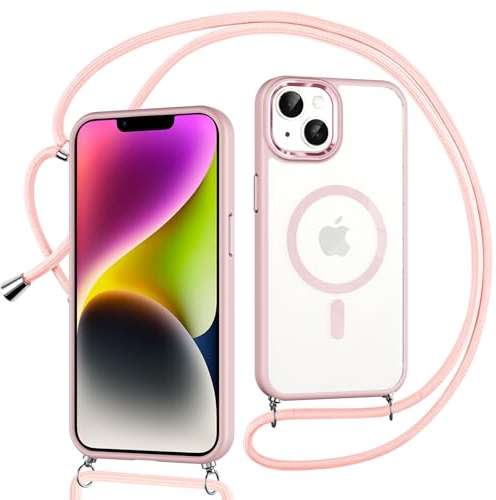 Niokfrci Magnética Funda para iPhone 14/iPhone 13 con Cuerda, Compatible con MagSafe, Carcasa Transparente Caparazón Resistente Silicone Antigolpes Case con Ajustable Collar Cuello Cadena Cordón, Rose