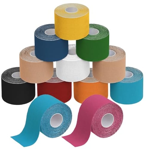 BB Sport 12 Rollen Kinesiologie Tape 5 cm x 5 m Viele Farben E-Book Anwendungsbroschüre Physio Tape Set Elastisch Wasserfest Muskelstraffende Bänder, Farbe:bunt