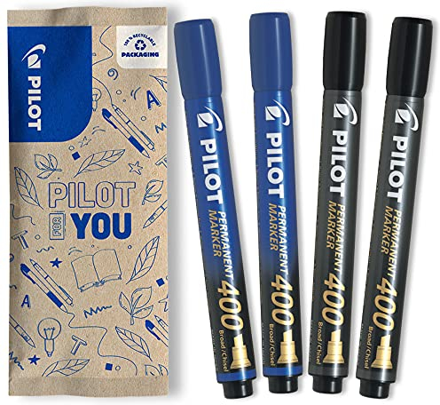 PILOT - Lot de 4 Marqueurs Permanents SCA 400 - Encre Indélébile sur Tous Supports - Très Couvrante et Résistante - 2 Noirs, 2 Bleus - Pointe biseautée (4,5 mm) pour tracé fin ou plus large