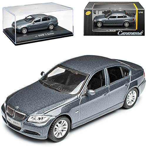 Cararama B-M-W 3er E90 Limousine Grau 2005-2012 mit Sockel und Vitrine 1/43 Modell Auto mit individiuellem Wunschkennzeichen
