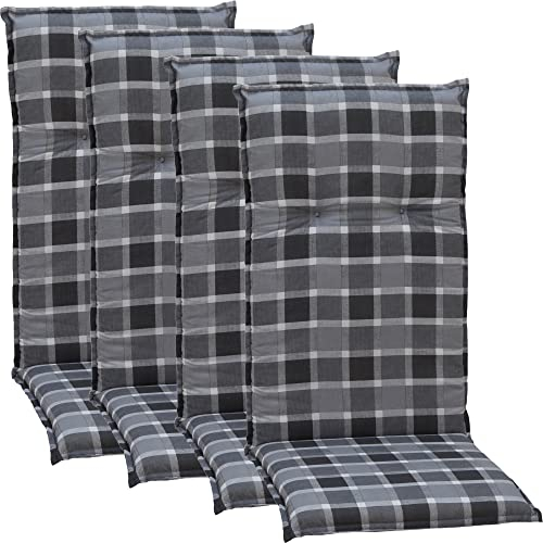 NYVI Gartenstuhl Auflagen Hochlehner 4er Set Barcelona - UV-Beständig, Atmungsaktiv, Strapazierfähig - Hochlehnerauflagen Sitzkissen Outdoor - Sitzauflagen für Gartenstühle 118x50cm Anthrazit kariert