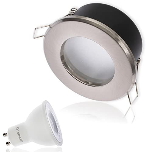 Lumiled Einbaustrahler LED Spots Badezimmer Einbauleuchte Einbauspot Deckenstrahler Spot für den Außenbereich Satin rund Aluminium IP44 inkl. 6W Leuchtmittel GU10 Fassung Kaltweiß 6500K 36°