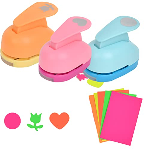 FOROREH 3 Pcs Papierstanzer Motivstanzer mit Buntes Papier, Rund & blumen & Herz Stanzer, Ausstanzer Motivlocher für Papier Karton Geschenk Basteln Scrapbooking Fotos Grußkarten (Zufällige Farbe)