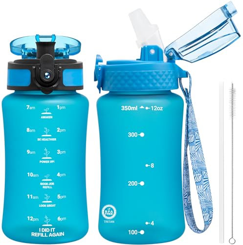 OLDLEY Kinder-Wasserflasche für die Schule, 340 ml (2 Deckel), BPA-frei, langlebige Tritan-Kunststoff-Wasserflaschen mit Strohhalm und Umarmungsdeckel, Anti-Staub-Auslaufabdeckung (blau)