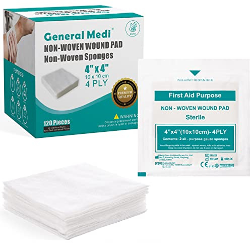 General Medi Sterile Gauze Sponges, 4 x 4 Non-Woven Wound Pads - Individually Wrapped Highly Absorbent Sponges Pads for Cushioning Minor Wounds, Cuts & Burns Wound Care (60 Packs, 120 Pieces Total)