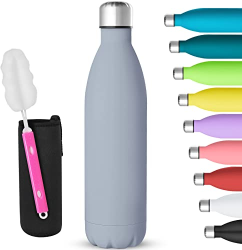 GeeRic Bottiglia Termica 750ML Opaco Borraccia in Acciaio Inox+Spazzola+Borsa Portatile Bottiglia d'Acqua Sportiva Tenere 12H Caldo/24 Freddo Borraccia Termica per Campeggio,Scuola,Sport Grigio