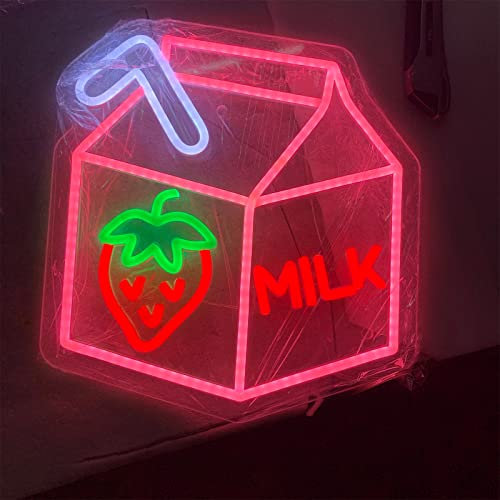 KLZUOPT Letrero de luz de neón LED Letrero de neón de Leche de Fresa, Decoración de Tienda de Fiestas Luces de neón LED USB Personalizadas, Letrero luminiscente para Colgar en la Pared,40x40cm
