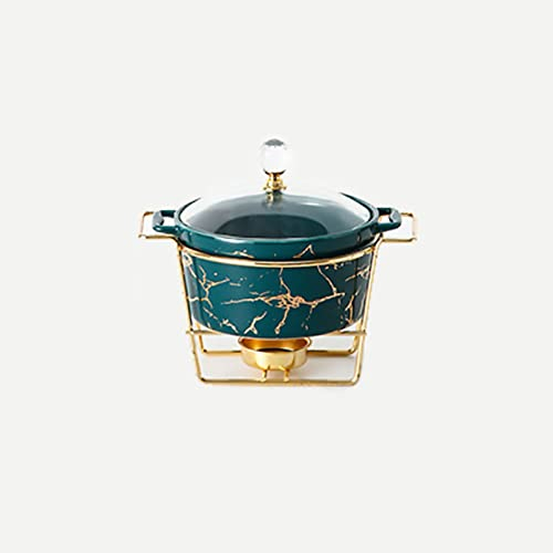Ensemble de Buffet en Céramique Chafing Dish, Mini Chauffe-Plats Ronds avec Finition Marbre, Porte-Combustible et Couvercle en Verre pour Mariages Fêtes Banquets Événements de Restauration,Vert