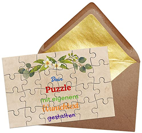 Puzzle selbst gestalten mit Text - 24 Teile Puzzle Personalisieren mit Wunschtext, inkl. Briefumschlag mit Gold-Inlay | Hintergrund Beige mit Blumenkranz