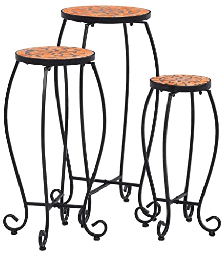 homiuse Mosaik-Tische Terrakotta Keramik Beistelltisch Blumenhocker Pflanzenhocker Balkontisch Bistrotisch Beistelltisch Metall Tisch Rund Blumenbank Blumentisch Beistelltische 3 Stk. 30x30x70 cm