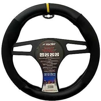 Simoni Racing Lenkradbezug Sporty - Schwarz Ökoleder/Mikrofaser/Karbonoptik + Gelber Streifen - 37-39cm