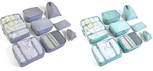 BillyBath Koffer Organizer set (8 teilig, Grau) & Organizer set, Packing Cubes Kleidertaschen Schuhbeutel Reiseorganizer Packwürfel Kosmetik Travel Organizer Packtaschen (8 teilig, Blaugrün)