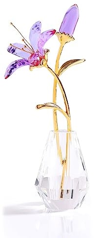 Figurine de lys en cristal à collectionner pour femme, vase en cristal avec tige en métal pour mariage, Saint-Valentin, fête, décoration d'intérieur (violet)