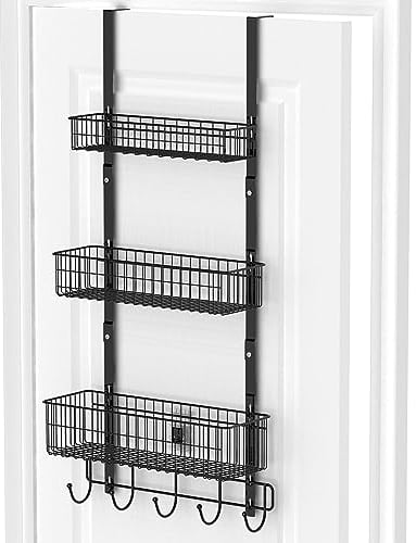 YBING Over The Door Organizer with Hooks 3 Tier Back Door Towel Hanger with Baskets Metal Behind Door Hanging Storage Organizer Shelf Over Door Pantry Organizer Door Racks for Bedroom Bathroom Black