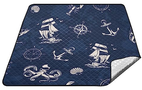 YOUJUNER Picknickdecke 200 x 200 cm Marineblau Anker Segelboot Kompass Große Picknickmatte Wasserdichte Stranddecke Tragbare Outdoor Teppich Camping Matte