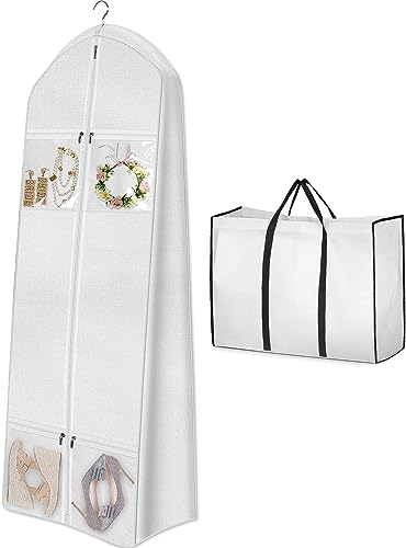 MISSLO 177,8cm Kleidersack Brautkleider Abdeckungen mit Tragetasche 20cm Zwickel Abendkleider Kleidersack für Lang Mäntel mit 4 Taschen Kleiderschutzhülle für Frauen, Weiß