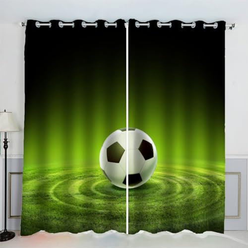 AKATIE Kinderzimmer Vorhänge Fußball Grün Fenstervorhang mit ösen Junge Mädchen Schlafzimmer Wohnzimmer Küche Verdunklungsvorhang 2-Set (150x166 cm)