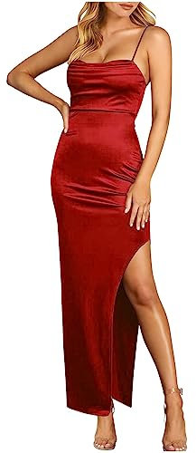 Nidddiv Women's Red Satin Spaghetti Strap Maxi Dress - Backless, Off-Shoulder, Formal, Prom, Party, Wedding, Cocktail - Size S (UK 8-10), Color: Red