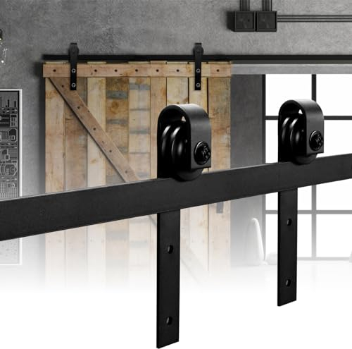 Jopassy Ferrure de porte coulissante 363 cm, kit de système de porte coulissante, capacité de charge 200 kg, rail de suspension pour porte coulissante en bois simple, rectangulaire