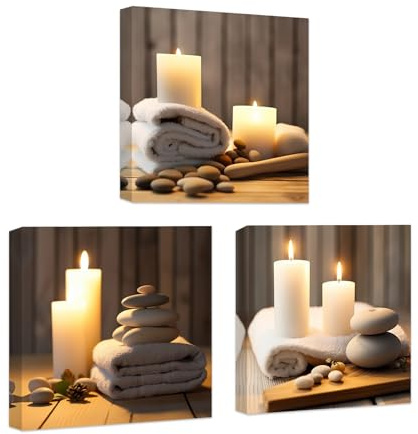 CCWACPP Zen Leinwand Wanddekoration 3 teilig Badetuch Kerzen und Zen Steine Bilddruck Badezimmer Schönheit Spa Behandlung Meditationsraum Wanddekoration gerahmt (40x40cmx3)