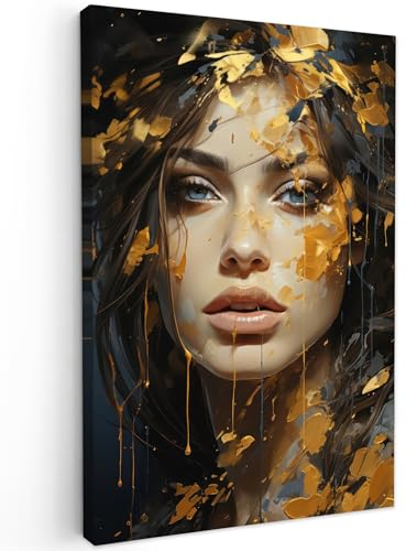 MuchoWow© Leinwand Groß 80x120 cm XXL Deko Schlafzimmer Aesthetic Leinwandbilder Wohnzimmer Gemälde Foto Geschenk Living Room Decoration Frau - Gold - Kunst - Luxus - Porträt