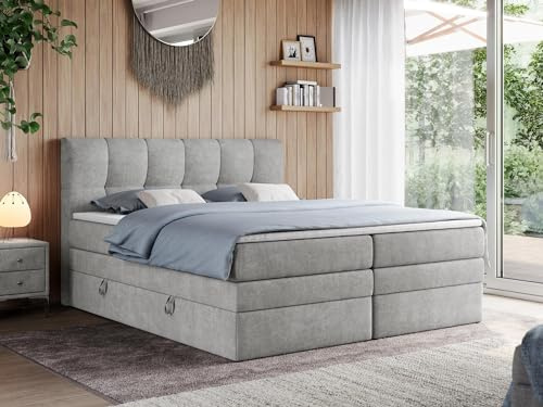 MKS MEBLE King Boxspringbett 200x200 cm, Polsterbett mit Bettkasten, Bett mit Multipocket-Matratze H3 und Topper T25, Doppelbett mit Kopfteil - Hellgrau Struktur - Alvin King