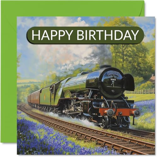 Carte d'anniversaire pour les amateurs de train – Trains à vapeur écossais volant – Carte d'anniversaire pour amis, famille, collègue, 145 mm x 145 mm, cartes de vœux Trainspotter