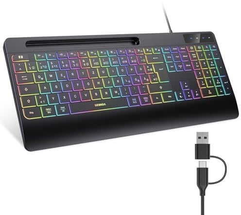 seenda Kabelgebundene Tastatur beleuchtet, ergonomische Tastatur mit Handyhalter und Handballenauflage für PC/Tablet/Smarthandy/Windows/Mac, USB & Typ C Kabel, leise Klicken - QWERTZ Layout, Schwarz