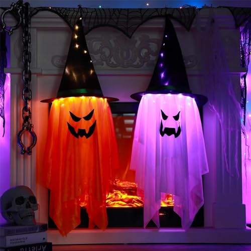 2pcs Großformat Halloween deko Outdoor Geister, LED-Lichtern Hexenhut Outdoor Dekoration Hängend Geister,Halloween Party Deko Innen Außen Haus Bäume Garten Patio