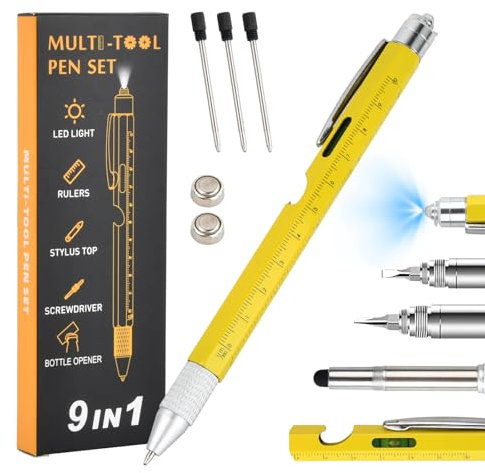 Bolígrafo Multifuncion 9 en 1, Regalos para Hombre Bolígrafo Multifuncion, Bolígrafo Multifuncion Regalos Originales para Hombres, Papá (Amarillo)