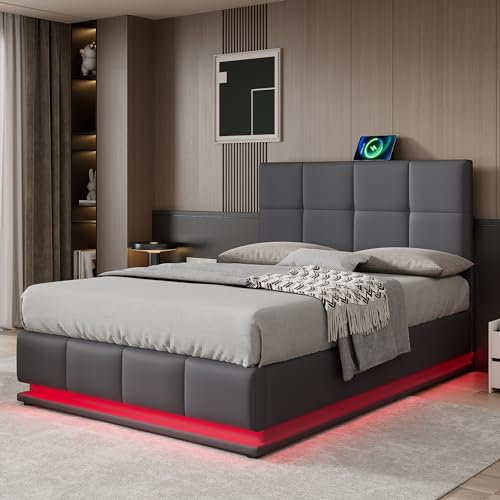 Merax Upholstered Bed Frame with Hydraulic Lift, 4FT6 Double Bed Frame with Slatted Frame and Storage Space, Functional Ottoman Bed, 16 Colors LED Lighting, Elegant PU Finish, Grey, 135x190cm