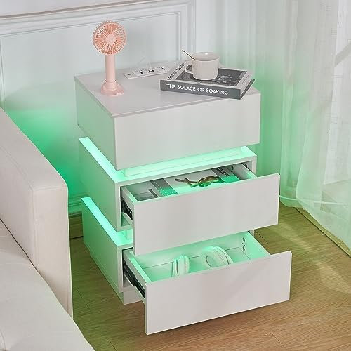 Lvhcmfohm Nachttisch mit Steckdose und led, Nachtschrank mit USB und ladefunktion, Nachtkommode mit 3 Schubladen (45x35x62cm, Weiß)