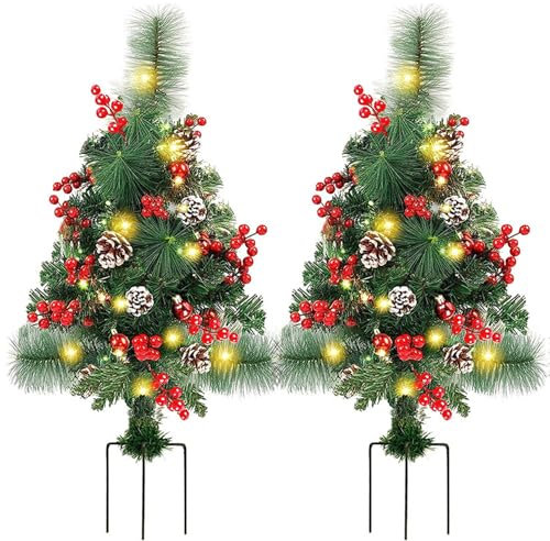 2Pcs Pathway Christmas Trees 24 Inch Pre-Lit Artificial Christmas Tree with 40 LED Lights, Red Berries, Pinecones, Outdoor Christmas Tree for Porch Xmas Holiday Decor, Christmas Tree