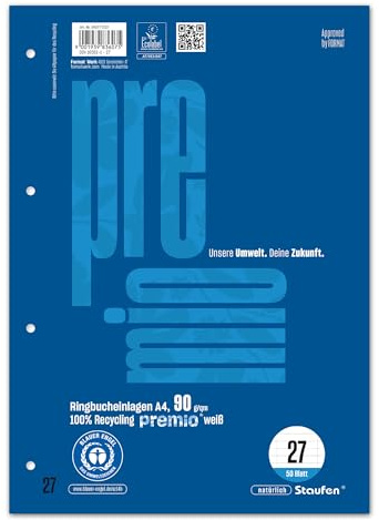 Staufen premio Ringbucheinlagen - 5 Blöcke je 50 Blatt, DIN A4, Lineatur 27 (9 mm liniert mit RL), 4-fach Lochung, 90 g/m² Recyclingpapier