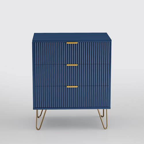 JOROBURO Kommode Nachttisch, Kommode mit vergoldeten Beinen und vertikalem, Komodenschrank, Schubladenkommode für Schlafzimmer, Wohnzimmer, Navy blau