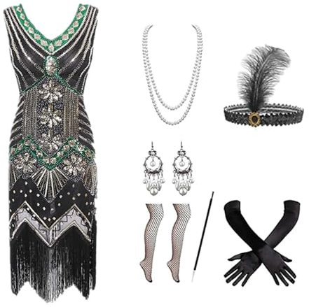 Generisch moulin rouge kostüm, 7 Stück 20er Jahre Kostüm Damen Charleston Kleid Jahre V-Ausschnitt Pailletten Perlen Fransen Kleid mit 20er Jahre Accessoires für Faschingskostüm Party Karneval Kostüm
