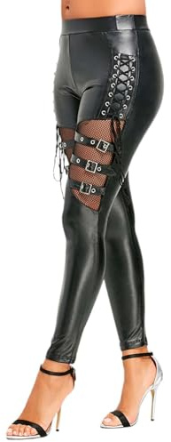 Generisch Damen Wetlook Leggings Kunstleder Stretch Netz Verstellbar Pants Motorrad Lang Hose mit Schnürung Party Clubwear Latex Hose Strumpfhose Lack Pantyhose Leggings Erotik Pants Clubwear