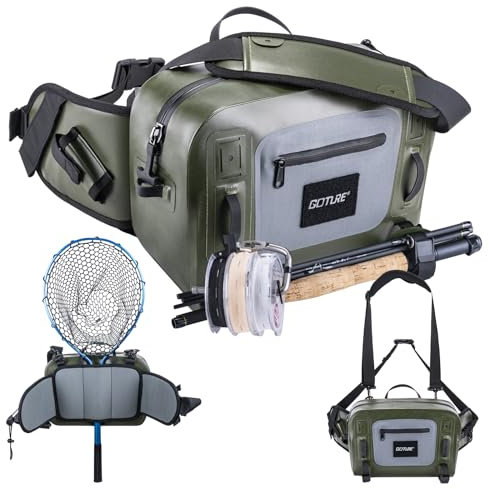 Goture Angeltasche Wasserdicht Hüfttasche, IPX8 840D TPU, Angelgerätetasche mit Rutenhalter, luftdichter Reißverschluss, 9-Liter-Fliegenfischertasche mit verstellbarem Gurt, Geeignet zum Watfischen