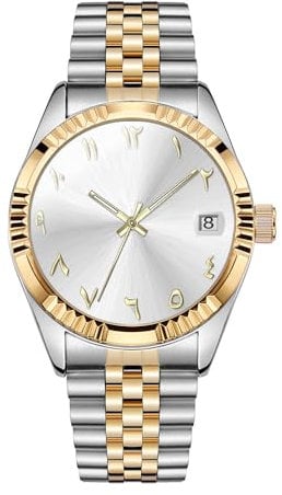 Boyarca Luxuriöse mechanische Stahluhr mit arabischen Ziffern, Automatikwerk, Urdu-Ziffern, 38mm Herrenarmbanduhr mit leuchtender, wasserdichter Datumsanzeige (Silber)