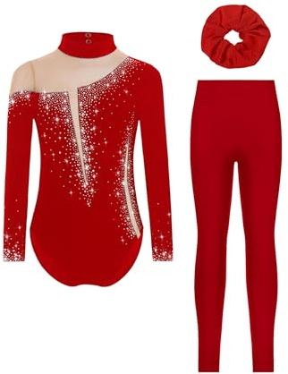 FEESHOW Mädchen Kinder Turnanzug Langarm Mit Hose Haargummi 3er Glitzer Strass Gymnastik Trikot Ballett Tanzkleidung