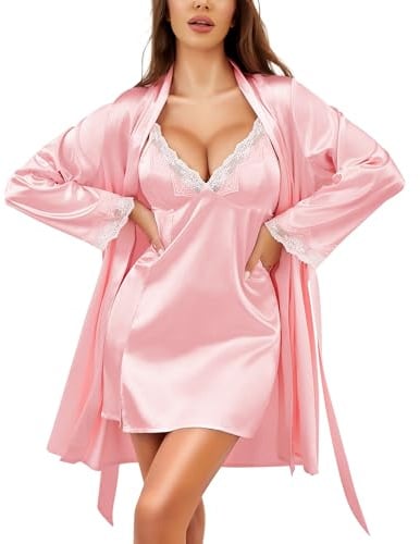 RSLOVE Ensemble Peignoir et Nuisette Femme - Lingerie Sexy Kimono Satin Chemise de Nuit Robe de Chambre pour Demoiselle d'honneur
