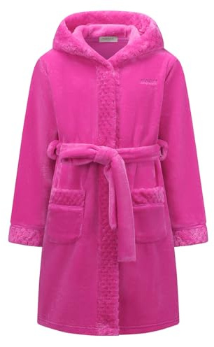 BuyiRen Boys Girls Dressing Gown Kids Robes - Flannel Hooded Robe Loungewear, 4-15 Years