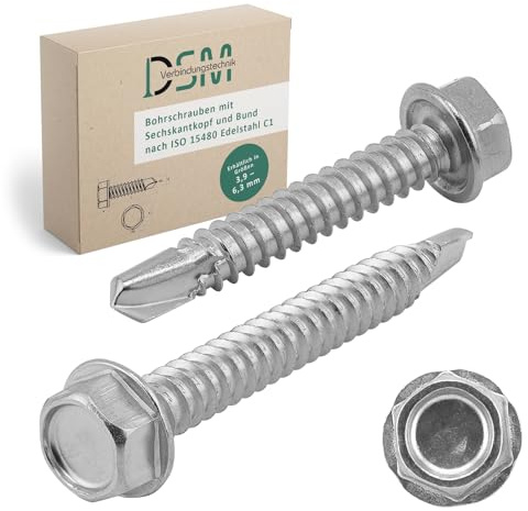 DSM – Bohrschrauben 6,3 x 32 mm – Sechskantkopf ISO 15480 – 50 Stück | Edelstahl C1 – selbstbohrend & selbstschneidend [TrueSpec Präzision] geeignet für Blech, Aluminium, Weich- & Hartmetalle