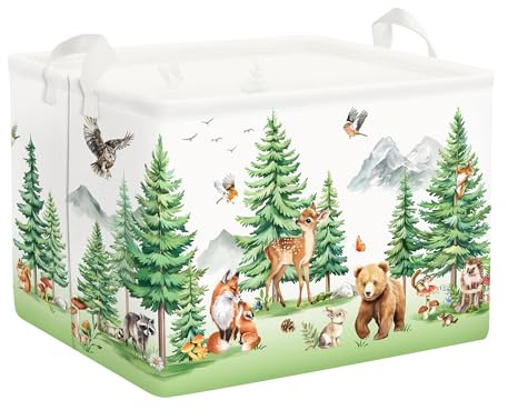 Clastyle Tannenwald Wildtiere Kinder Wäschekorb mit Henkel Faltbar Kleidung Spielzeug Aufbewahrungskorb Jungen Mädchen Aufbewahrungsbox für Babyzimmer Bad,Hirsch,40 * 30 * 30 cm