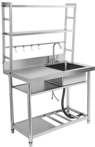 Jiumxliu Küchenspüle, Spüle mit Unterschrank Mehrstöckiges Regal Freistehende Edelstahl Spültisch Ausgussbecken Edelstahl für Restaurant Garage oder Waschküche 100x50cm