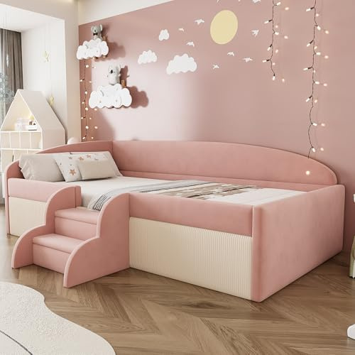 Soweiz Polsterbett Sofabett 90x190cm, Kinderbett Multifunktionsbett, Mit Stufen und Zäunen, Hautfreundlicher Samtstoff,ohne Matratze (Rosa)