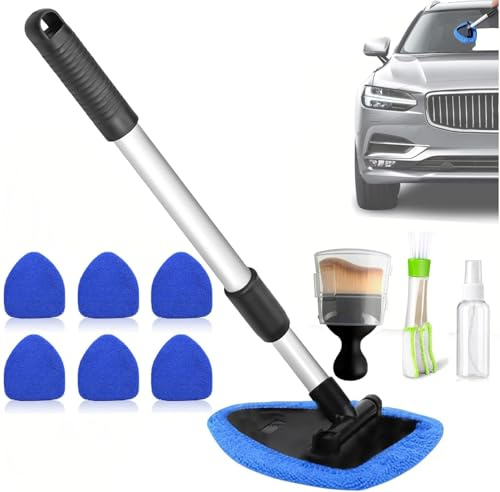 KXYINOS 10Pcs Car Windscreen Cleaner, 180° Rotating Head Extendable Car Window Cleaner Kit with 6 Reusable Microfiber Pads, 1 Spray Bottle, 2 Car Detailing Brush