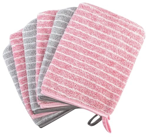 PHOGARY 6 Gants De Toilette Taille 15x21 cm, Très Doux & Absorbant Gants en Polaire Corail, Petite Serviette Main pour Visage, Serviette Invité avec Boucle de Suspension, Rose et Gris
